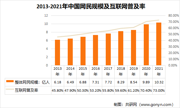 2013-2021年中国网民规模及互联网普及率