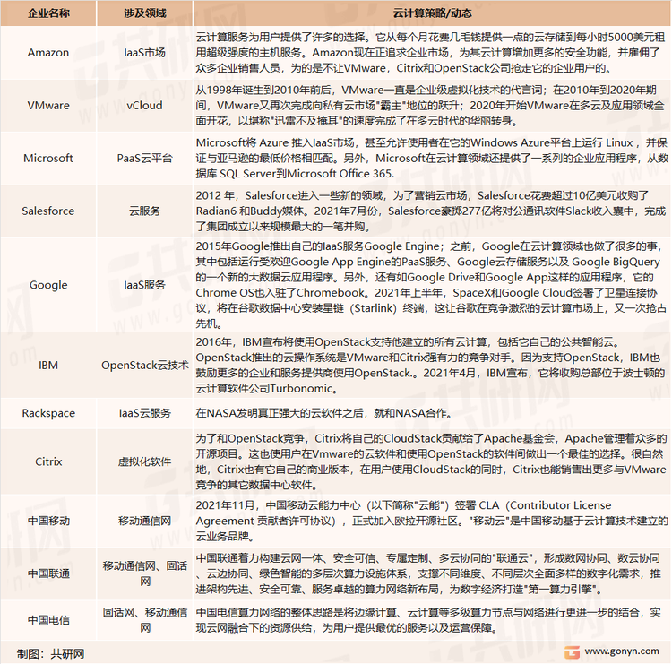 全球及中国云计算领域代表企业