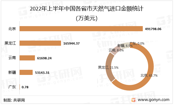 2022年上半年中国各省市天然气进口金额统计（万美元）