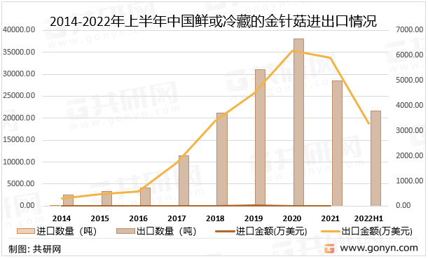 2014-2022年上半年中国鲜或冷藏的金针菇进出口情况