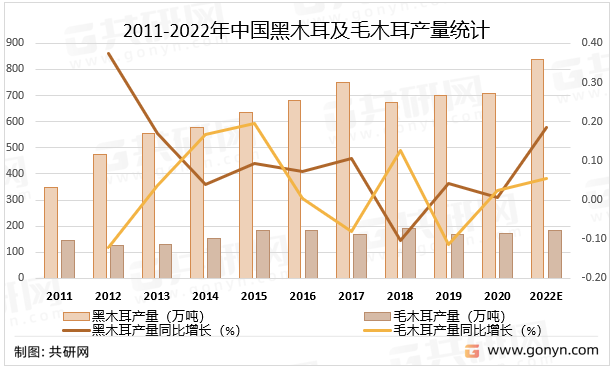 2011-2022年中国黑木耳及毛木耳产量统计