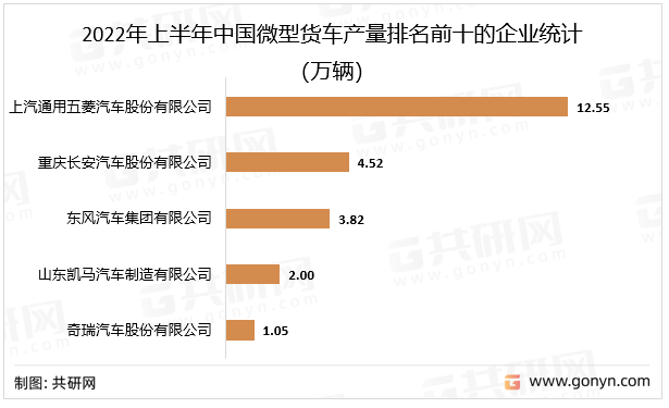 2022年上半年中国微型货车产量排名前十的企业统计（万辆）