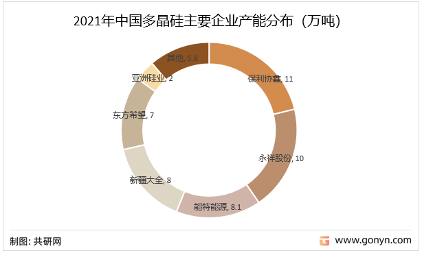 2021年中国多晶硅主要企业产能分布（万吨）