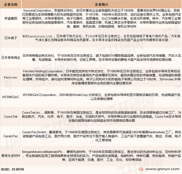 全球先进陶瓷材料零部件行业主要企业
