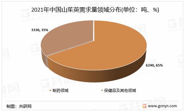 2021年中国山茱萸需求量领域分布(单位：吨、%)