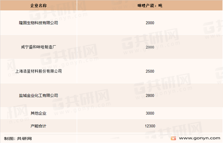 2021年中国咪唑主要生产企业及产能测算