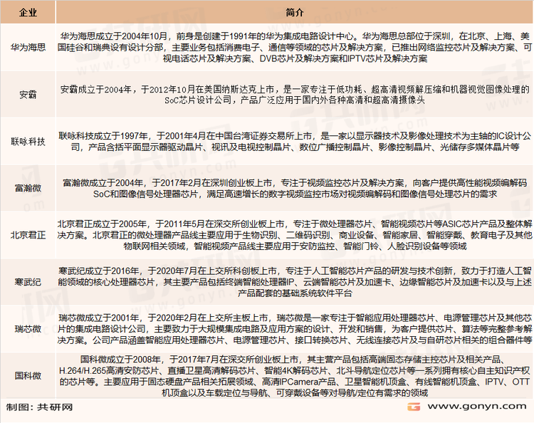 视频监控芯片主要企业