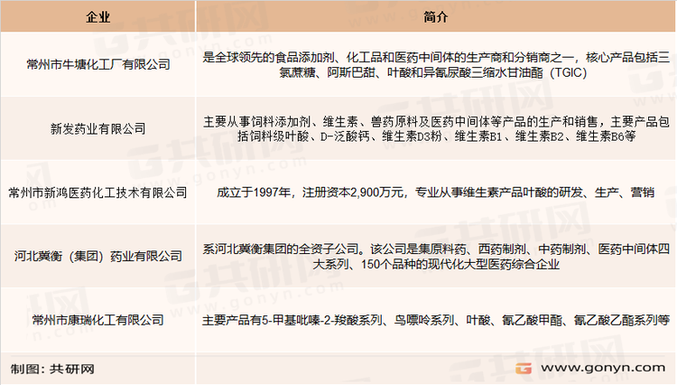 叶酸行业主要生产企业