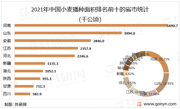 2021年中国小麦播种面积排名前十的省市统计
