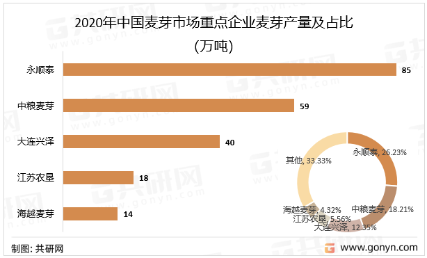 2020年中国麦芽市场重点企业麦芽产量及占比（万吨）