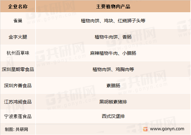 国内市场现有植物肉生产企业及主要产品