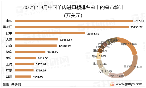2022年1-9月中国羊肉进口额排名前十的省市统计（万美元）