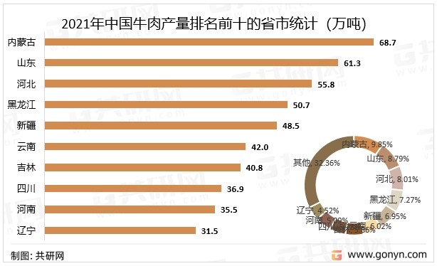 2021年中国牛肉产量排名前十的省市统计（万吨）