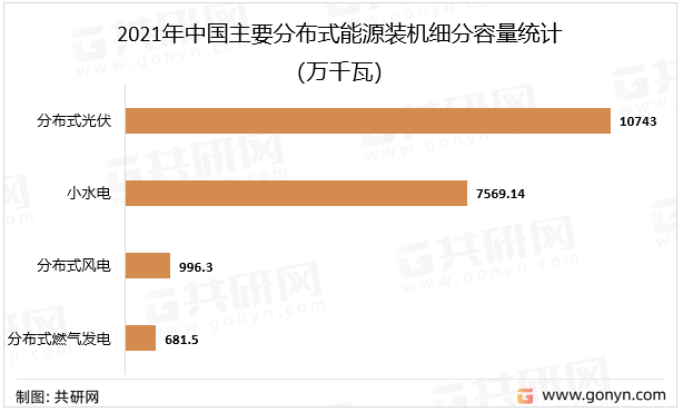 2021年中国主要分布式能源装机细分容量统计