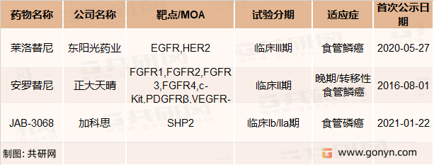 食管鳞癌靶向药物在研管线情况