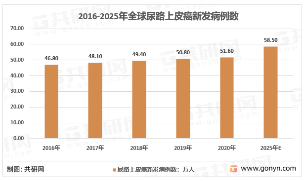 2016-2025年全球尿路上皮癌新发病例数