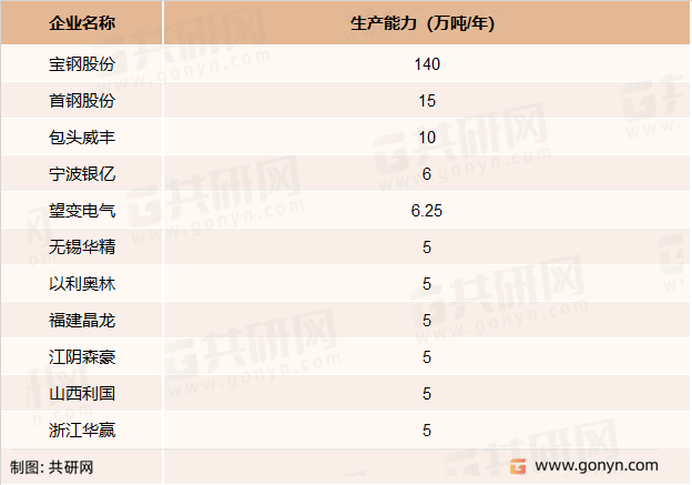 2020年取向硅钢产能5万吨/年及以上企业生产统计