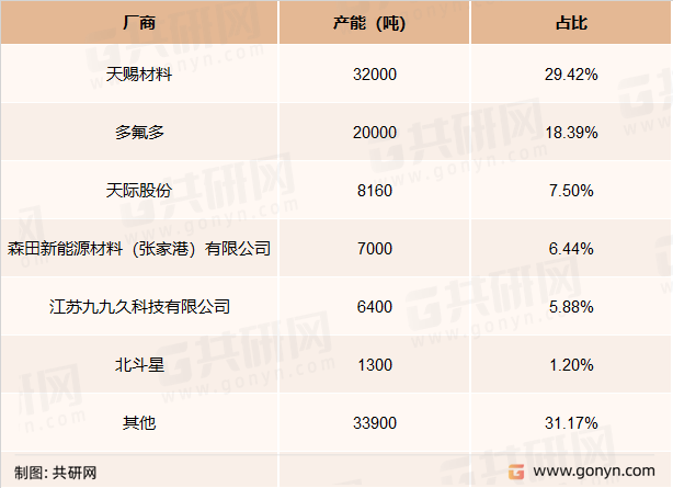 2021年国内六氟磷酸锂主要生产厂商的产能