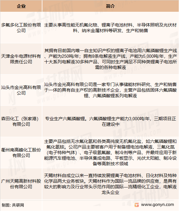 国内六氟磷酸锂主要竞争企业
