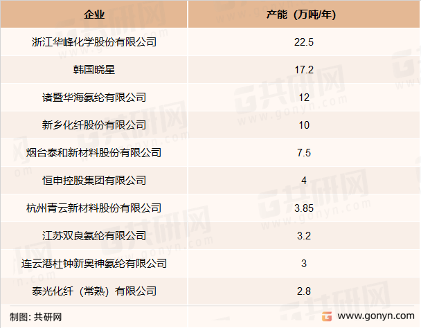 氨纶行业内头部企业产能