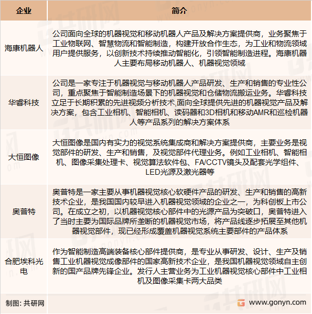 中国机器视觉主要竞争企业