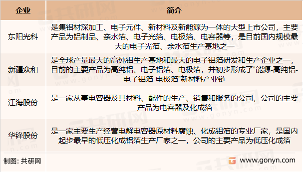 电极箔主要竞争企业