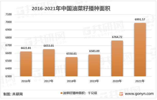 2016-2021年中国油菜籽播种面积