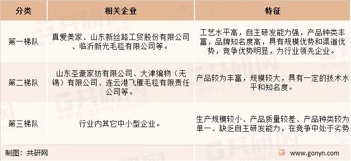 我国毛毯制造企业主要可以划分为以下三个梯队：