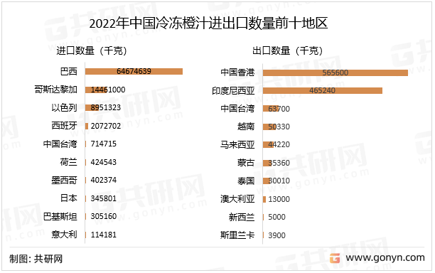 2022年中国冷冻橙汁进出口数量前十地区