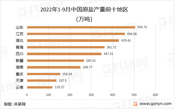 2022年1-9月中国原盐产量前十地区