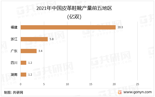 2021年中国皮革鞋靴产量前五地区