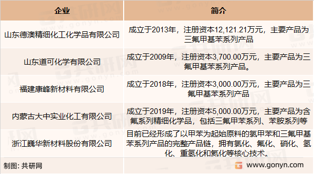 三氟甲基苯主要竞争企业