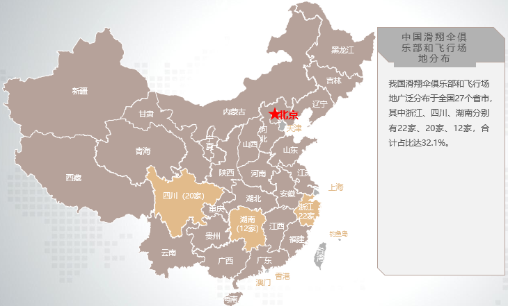 中国滑翔伞俱乐部和飞行场地分布图