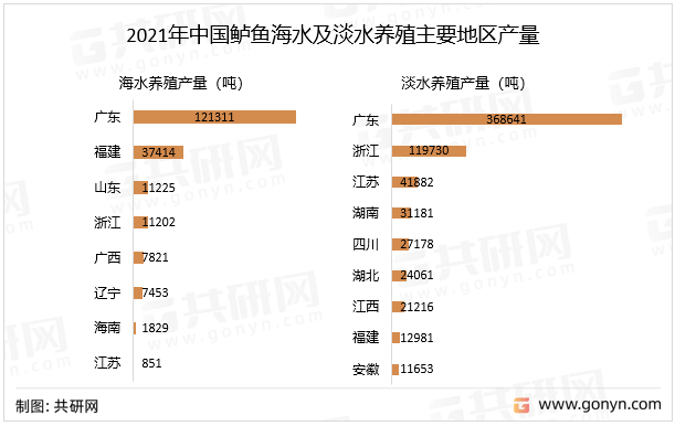 2021年中国鲈鱼海水及淡水养殖主要地区产量