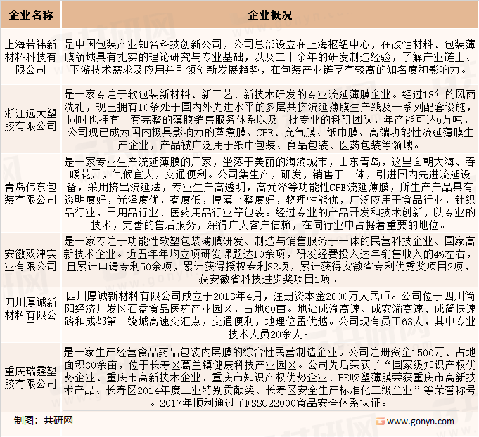 中国流延聚乙烯（CPE）薄膜行业重点企业竞争力分析