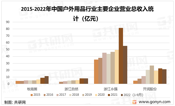 2015-2022年中国户外用品行业主要企业营业总收入统计（亿元）