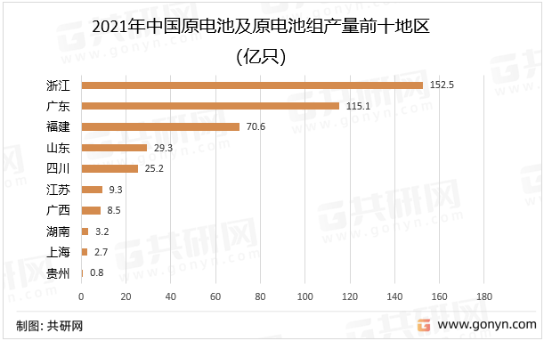 2021年中国原电池及原电池组产量前十地区