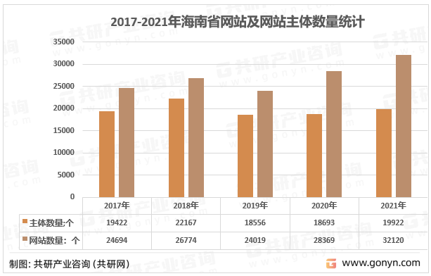 2017-2021年海南省网站及网站主体数量统计