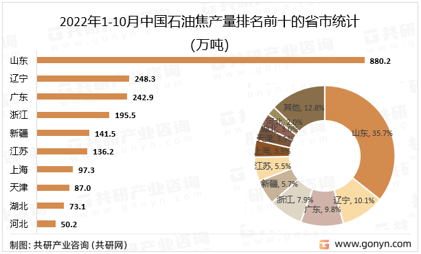 2022年1-10月中国石油焦产量排名前十的省市统计