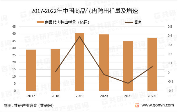 2017-2022年中国商品代肉鸭出栏量及增速
