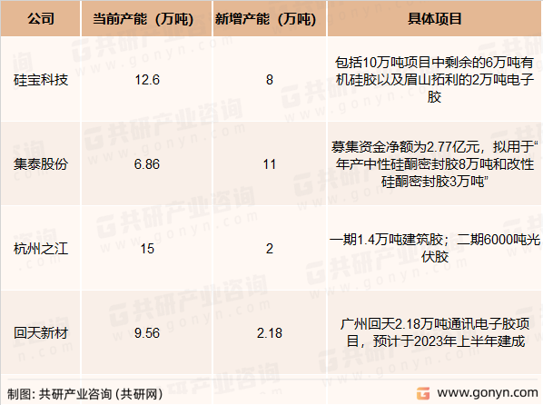 国内有机硅密封胶领域企业产能