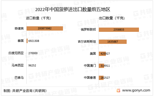 2022年中国菠萝进出口数量前五地区