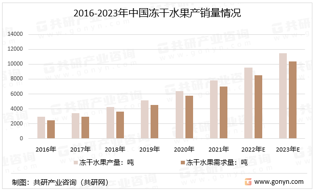 2016-2023年中国冻干水果产销量情况