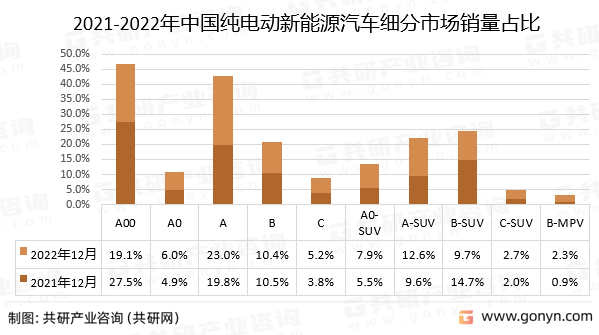 2021-2022年中国纯电动新能源汽车细分市场销量占比