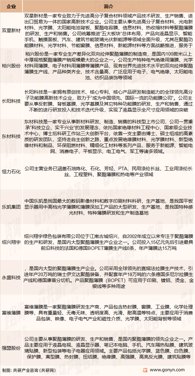 国内BOPET薄膜企业