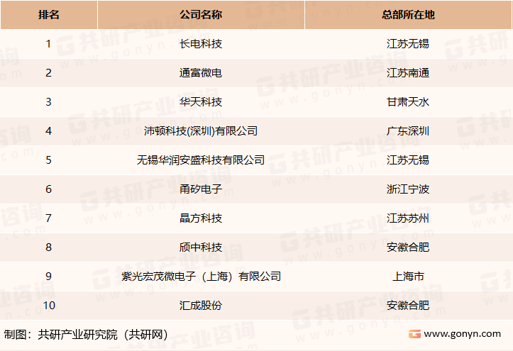 2021年中国本土封测代工企业前十名情况