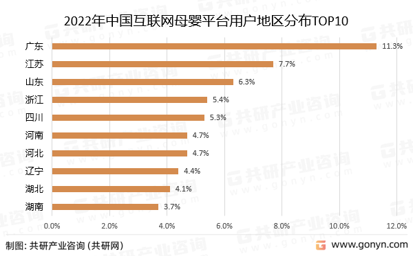 2022年中国互联网母婴平台用户地区分布TOP10