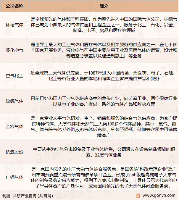 电子大宗气体及相关主要竞争企业