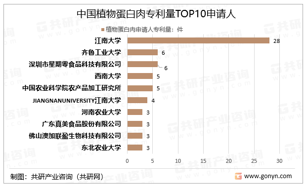 中国植物蛋白肉专利量TOP10申请人