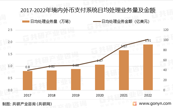 2017-2022年境内外币支付系统日均处理业务量及金额